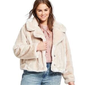 Who What Wear Cream Faux Fur Cropped Jacket Teddy Coat Bomber Style Coat LARGE